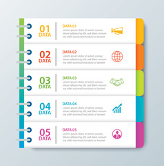 Infographics tab in horizontal paper index with 5 data template. Vector illustration abstract notebook background. Can be used for workflow layout, business step, banner, web design.