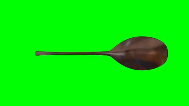 Animated rotating around z axis simple shining bronze table spoon against green background. Full 360 degree spin, loop able and isolated.