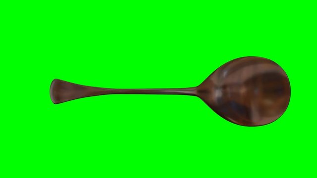 Animated rotating around z axis simple shining bronze sugar spoon against green background. Full 360 degree spin, loop able and isolated.