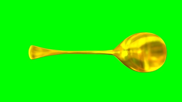 Animated rotating around z axis simple shining gold sugar spoon against green background. Full 360 degree spin, loop able and isolated.