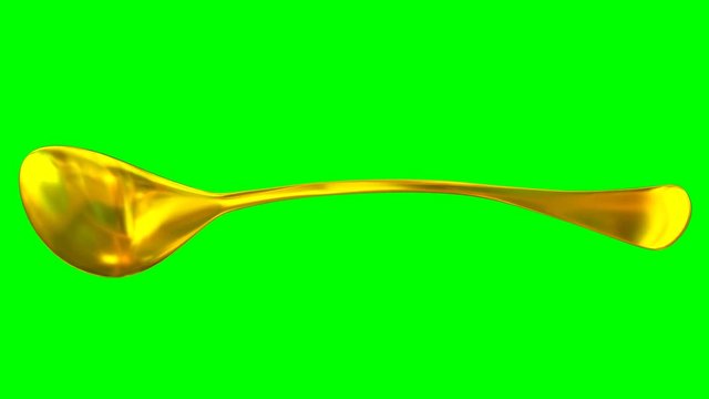 Animated rotating around x axis simple shining gold sugar spoon against green background. Full 360 degree spin, loop able and isolated.