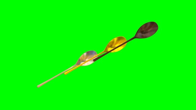 Animated rotating around y axis simple shining gold, silver and bronze table spoons against green background. Full 360 degree spin, loop able and isolated.