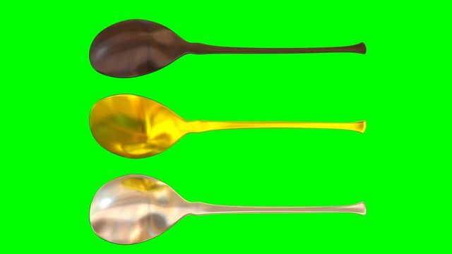 Animated rotating around x axis simple shining gold, silver and bronze spoons against green background. Full 360 degree spin, loop able and isolated.