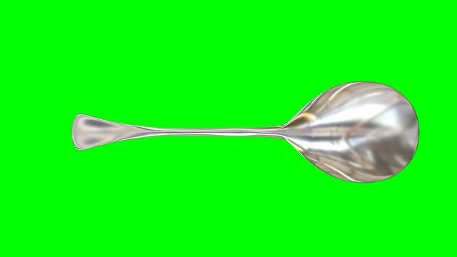 Animated rotating around z axis simple shining silver sugar spoon against green background. Full 360 degree spin, loop able and isolated.