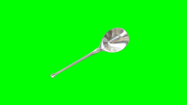 Animated rotating around y axis simple shining silver spoon against green background. Full 360 degree spin, loop able and isolated.