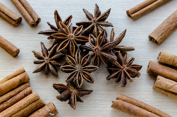 Close-up of anise star and cinnamon stick