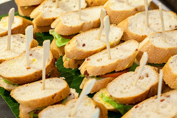 Many pieces of mini sanwich on white dish for buffet lunch. sanwich canape for cocktail dinner. image for background, copy space, objects, illustration and article. Snacks on tea time.