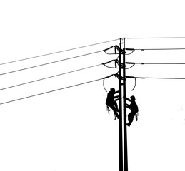 Fototapeta na wymiar Silhouette Electrical engineers working on electricity pylon high tension power line repairs and maintenance on white background