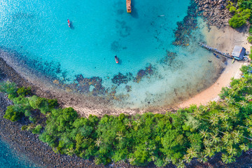 Blue turquoise water sea island with green tree summer vacation background © themorningglory
