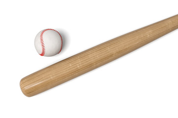 3d rendering of a wooden baseball bat with black wrap on the handle lying near a white leather ball.