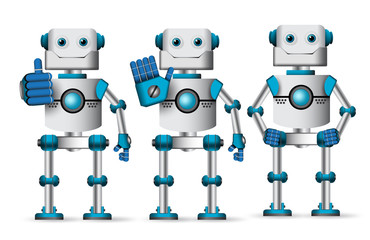 Robot vector characters set standing with different hand gestures like approve and stop isolated in white background. Cyborg mascot element vector illustration.
