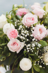 Wedding flower composition. Bouquet with gentle pink roses