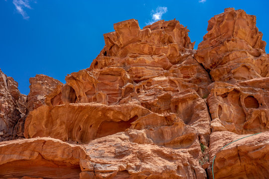 Bizzare shaped rocks in Wadi Rum desert. Jordan