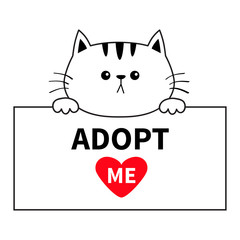 Adopt me. Cat head face hanging on paper board template. Hands paw. Pet adoption. Help homeless animal Cute cartoon kitty character. Funny baby kitten. Flat design. White background