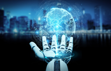 White robot hand using globe network hologram with America Usa map 3D rendering