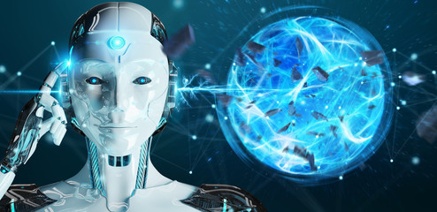 White woman robot creating energy ball 3D rendering