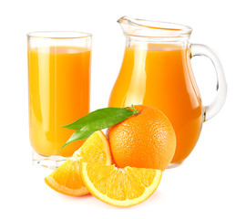 orange juice with orange and green leaf isolated on white background. juice in glass