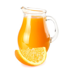 orange juice with orange isolated on white background. juice in jug