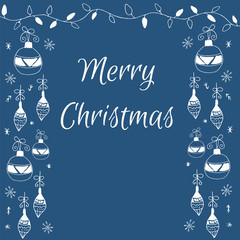 Merry Christmas doodle hand drawn frame with holidays elements on a blue background. Frame for posters, invitations ets.