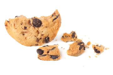 broken chocolate chip cookies isolated on white background. Sweet biscuits. Homemade pastry.
