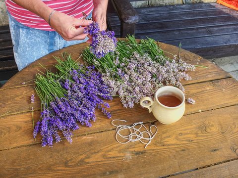 Fototapeta Hands of gardener woman create relaxing smell herbal bouquet.