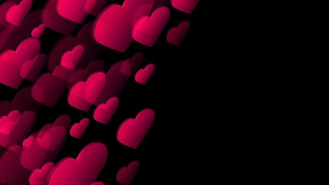 Abstract transparent 3D isometric virtual valentine love heart plate moving pattern illustration pink color on black background seamless looping animation 4K, with center copy space