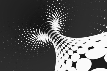 Black and white dotted spiral tunnel. Striped twisted spotted optical illusion. Abstract halftone background. 3D render.