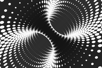 Black and white dotted spiral tunnel. Striped twisted spotted optical illusion. Abstract halftone background. 3D render.