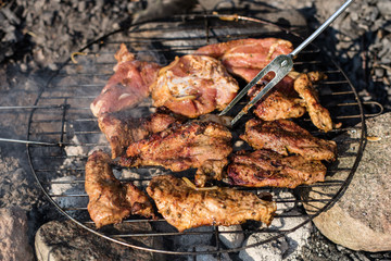Tasty pork on the grill. Grilled delicacies for a party in a home garden.