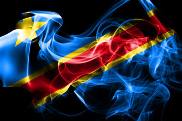 National flag of Democratic Republic of the Congo made from colored smoke isolated on black background