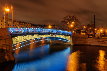 Fototapeta premium First Engineer Bridge over the Moyka River at night. Saint Petersburg, Russia