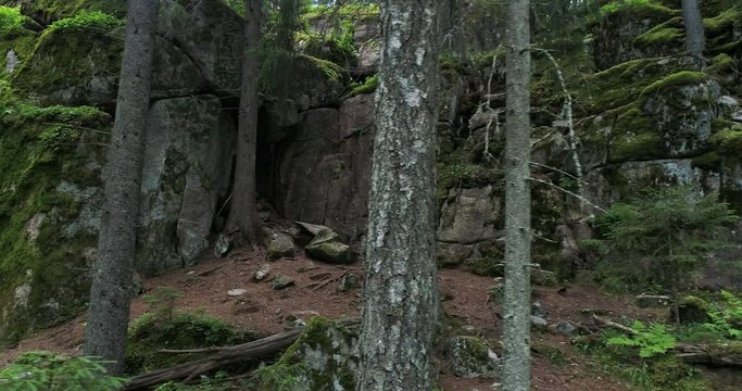 Rocky cliffs with moss and cave in the dark and green forest during summer day. Nuuksio. Espoo. Finland. Scandinavia