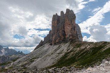 Fototapeta na wymiar The Tre Cime di Lavaredo, the most famous peaks in the Italian Dolomites, on a summer afternoon