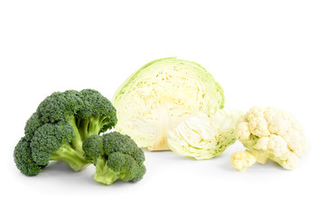 Cabbage, broccoli and cauliflower isolated on white background.