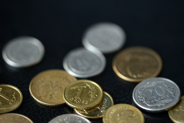 A pile of Polish coins scattered on a dark background close up