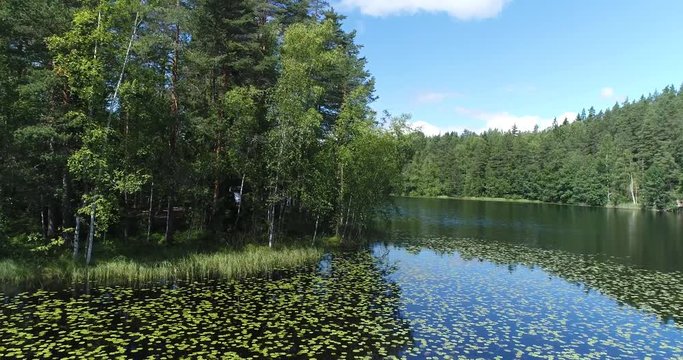 Drone flying low over calm lake with water lily near shoreline forest opposite during sunny summer day. White clouds and blue sky reflecting from the water. Haukkalampi. Nuuksio. Espoo. Finland