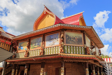 Open-air art gallery on the territory of Izmailovo Kremlin in sunny summer morning in Moscow