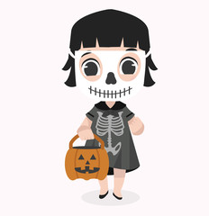 Cute kid Halloween character  wearing skeletom costume and skull mask