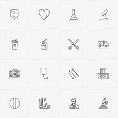 Hospital line icon set with flask, pills and stethoscope