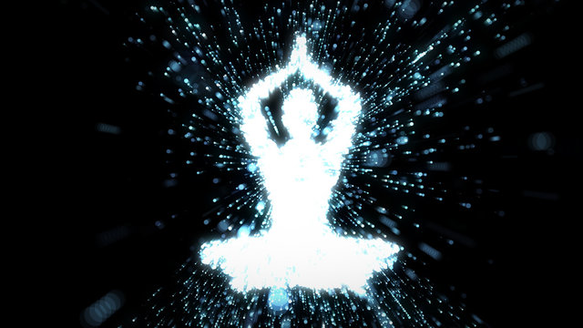 Meditating figure in yoga pose radiating energy