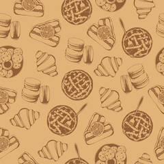 Bakery, sweet pastry vector seamless pattern, hand drawn vector beige food background