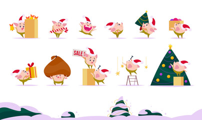 Vector flat collection of Merry Christmas happy pig elf - ring bell, carry lollipop, present box, gift bag, fir tree, decorate New year tree - isolated on white background. Web banner, card, packaging