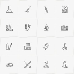 Hospital line icon set with emergency car, flask and scissor
