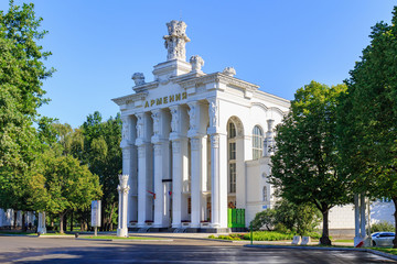 Pavilion Armenia on Exhibition of Achievements of National Economy (VDNH) in Moscow on a sunny summer morning against blue sky