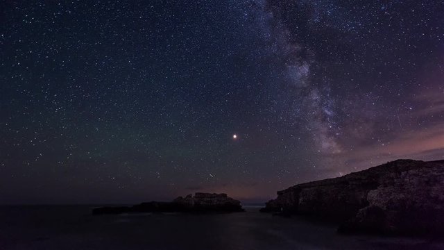 Time lapse with night sky and Milky Way Galaxy above the Black sea, Bulgaria