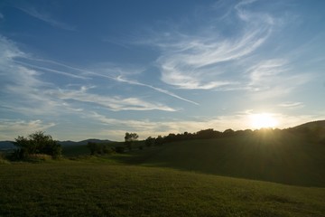 Sunrise and sunset over the hills and town. Slovakia