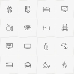 Hotel line icon set with television, cognac and taxi