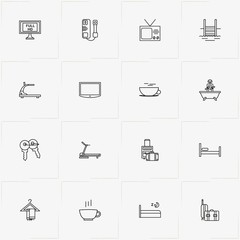 Hotel line icon set with keys , bed and bath
