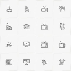Hotel line icon set with television, swimming pool ladder and taxi