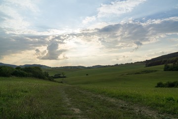 Sunrise and sunset over the hills and town. Slovakia
